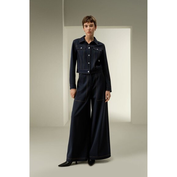 Lilysilk Denim-Inspired Wide Leg Wool Pants in Navy Blue - Picture 2 of 5